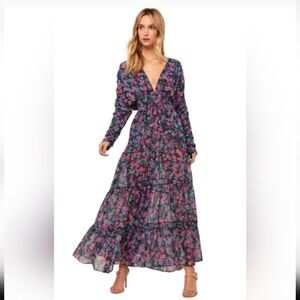 MISA Los Angeles Floral Silk Chiffon Maxi Dress Smocked Waist Long Sleeve XS